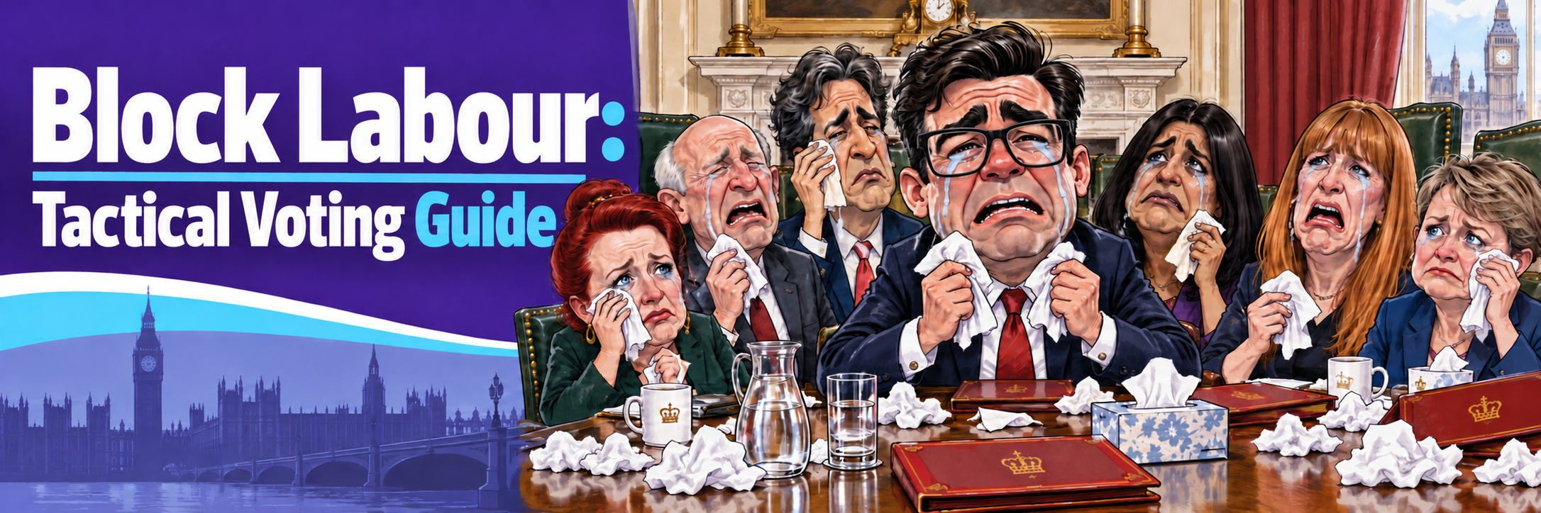 Block Labour: Tactical Voting Guide, a satirical cartoon of Andy Burnham and Cabinet ministers crying.